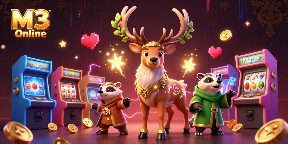 M3 Online brings excitement with Celtic druid stag and lively slots illustration featuring jackpots and vibrant game elements