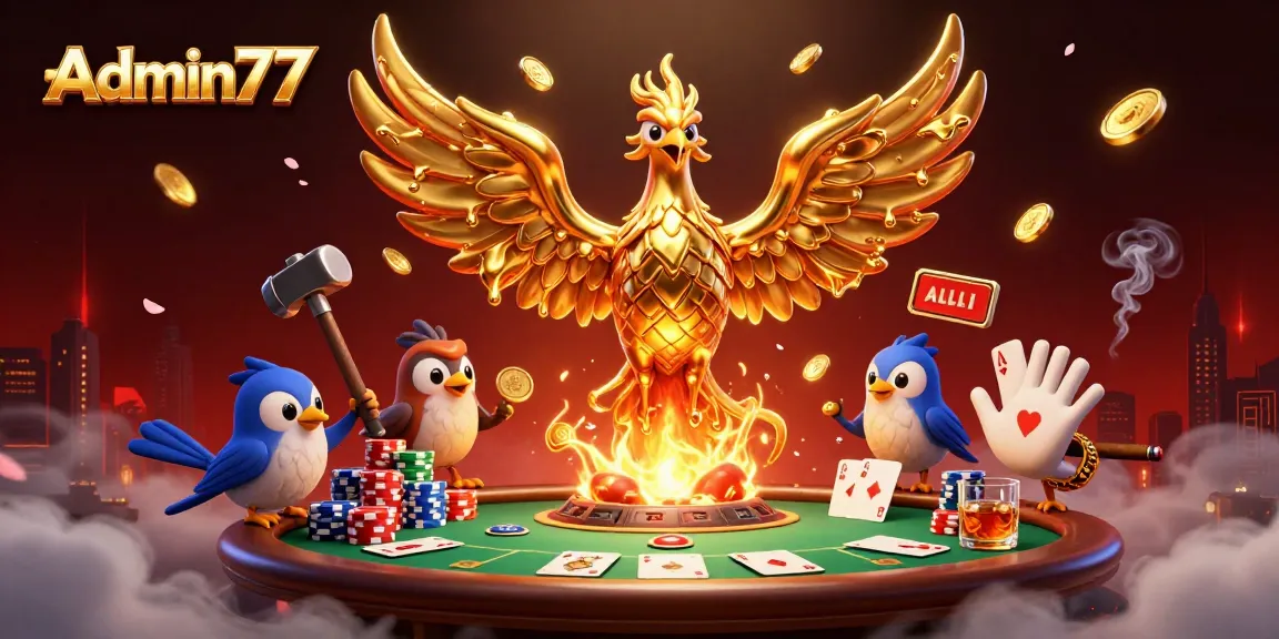 Admin77 showcases a golden phoenix symbolizing luck, revealing poker elements in a vibrant casino scene.