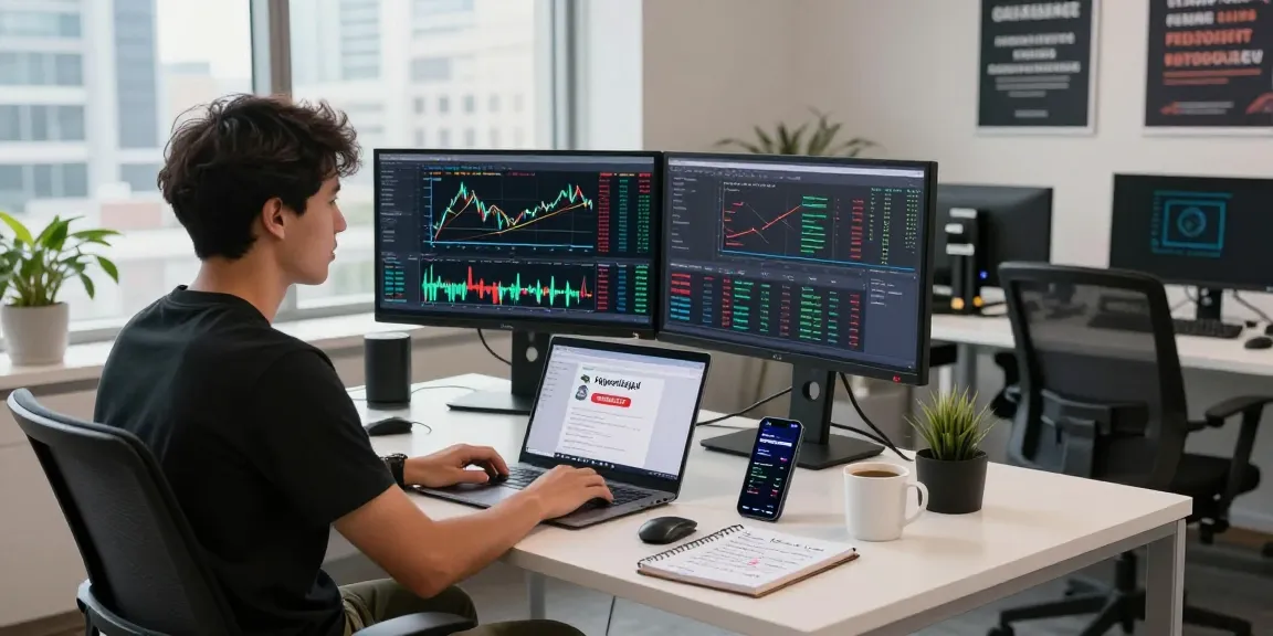 Trader using Hyperliquid referral code (8000USDT) in a modern finance workspace with dual monitors.