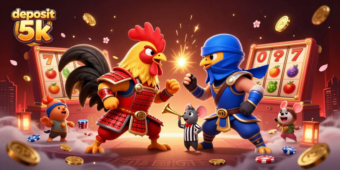 Experience thrilling action at the deposit 5k casino with fighting roosters, slot reels, and vibrant poker chips in a dynamic scene.