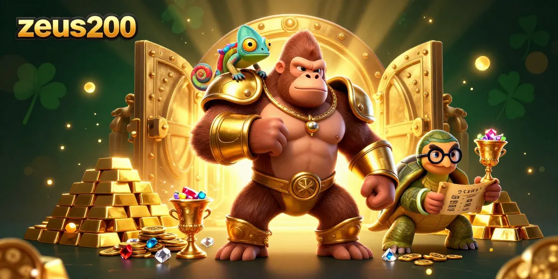 Zeus200 mempersembahkan raja gorila dalam armor emas yang mengalahkan dada, dikelilingi harta dan barang berharga.