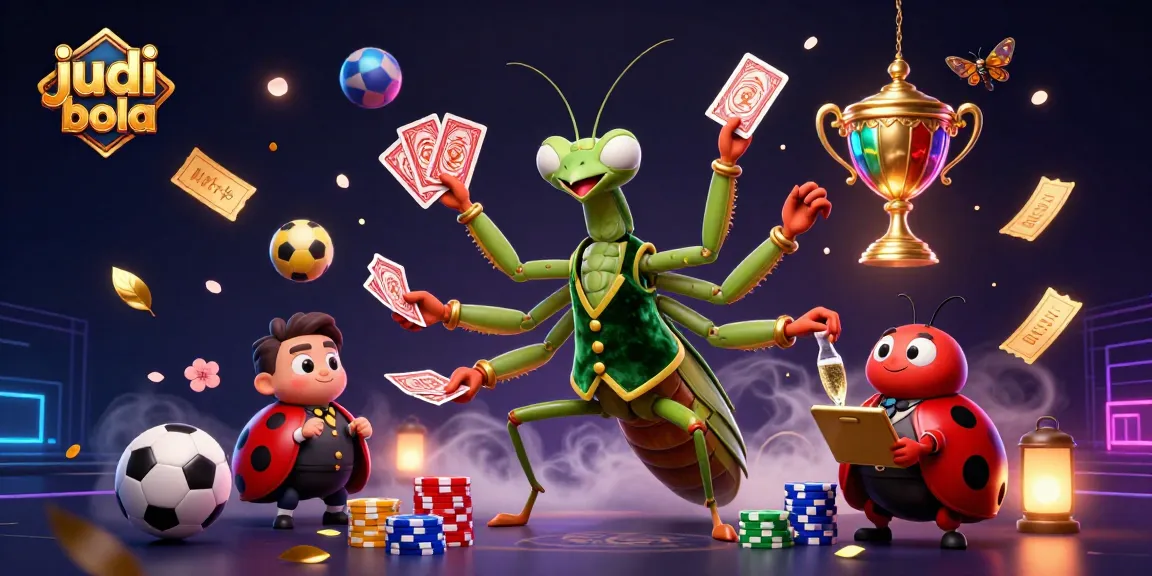 Engaging judi bola scene featuring a giant praying mantis card sharp and ladybug pit boss amidst vibrant sports betting elements.