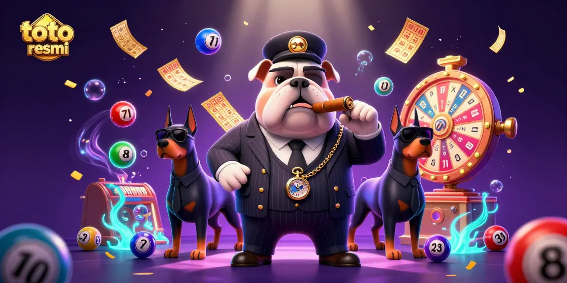 Permainan toto resmi dengan bos mafia bulldog dan anjing penjaga dalam ilustrasi 3D yang penuh warna.