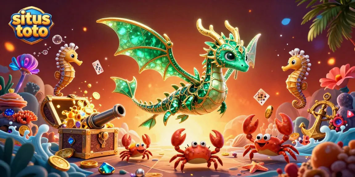 Menangkan permainan di situs toto dengan ilustrasi 3D isi harta karun dan karakter menarik.