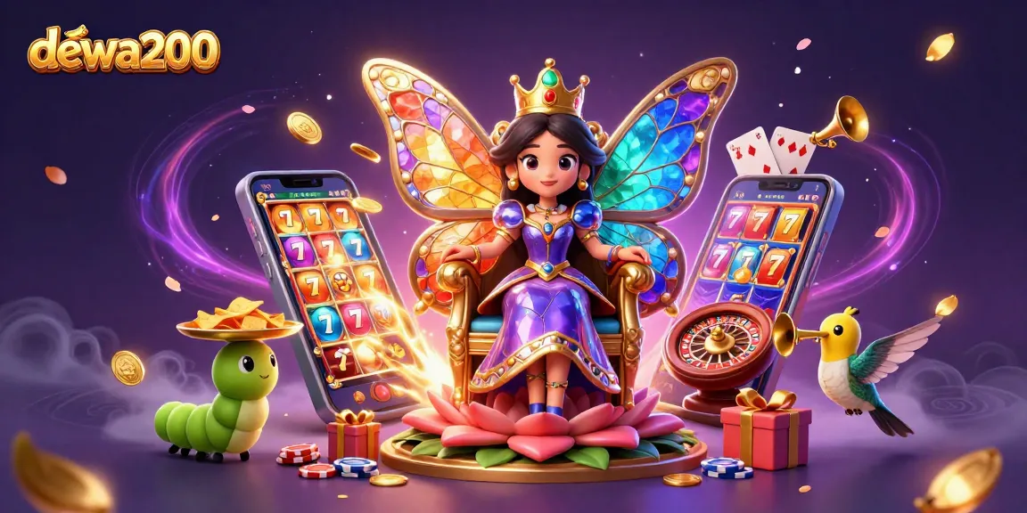 Permainan slot dewa200 yang menarik dengan ratu kupu-kupu di tahta bunga dan elemen kasino memukau.